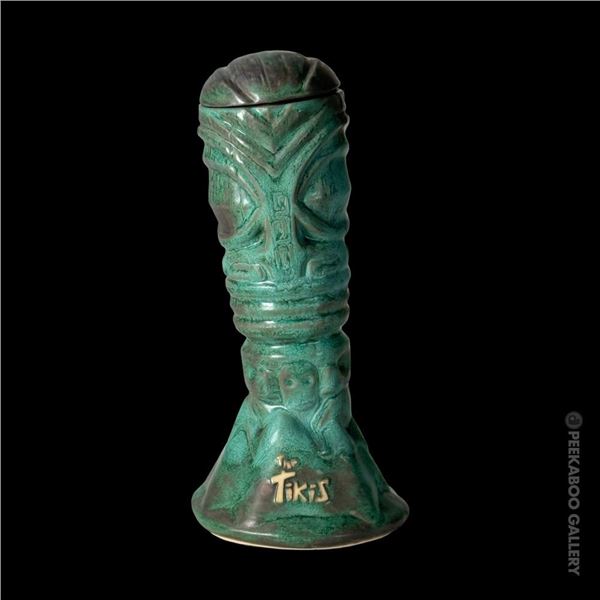 TEST GLAZE - EXOTIKON "THE TIKIS" MUG - #3A GREEN MOTTLED FINISH.