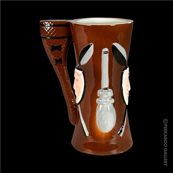 STEVE CRANE BROWN TIKI MUG w/ FIJIAN WAR CLUB HANDLE.