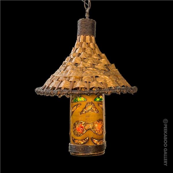 ORIGINAL ORCHIDS OF HAWAII HOODED TIKI BAMBOO SWAG LAMP.
