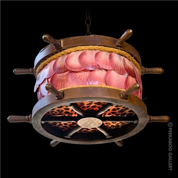NAUTICAL SHIP'S WHEEL RED SCALLOP SHELL SWAG LAMP.