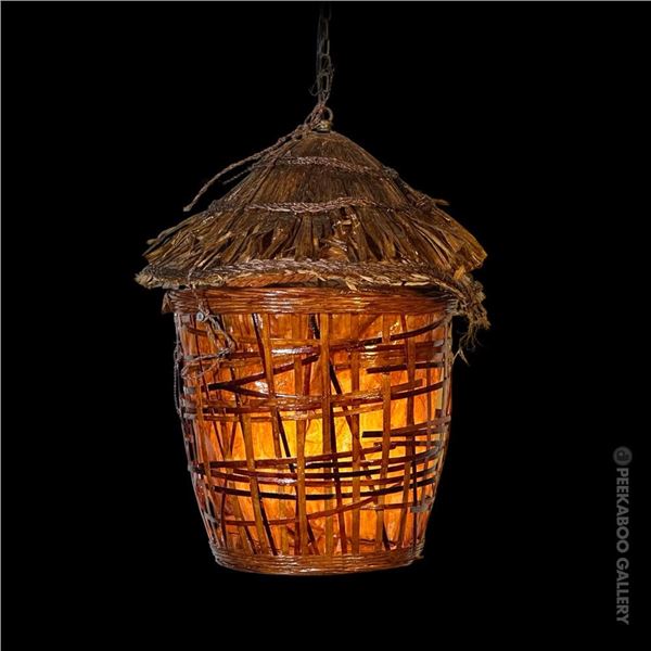 HANGING TIKI BASKET SWAG LAMP w/ WIDE SHADE.