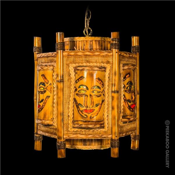 RARE ORCHIDS OF HAWAII SIX-PANEL TIKI BAMBOO SWAG LAMP.