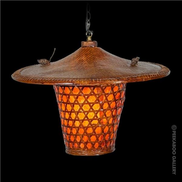 HANGING TIKI BASKET SWAG LAMP w/ WIDE SHADE.