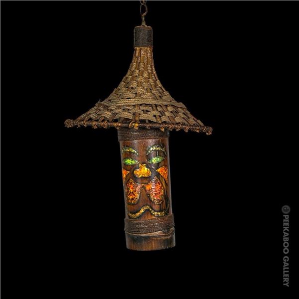 ORIGINAL ORCHIDS OF HAWAII HOODED TIKI BAMBOO SWAG LAMP.
