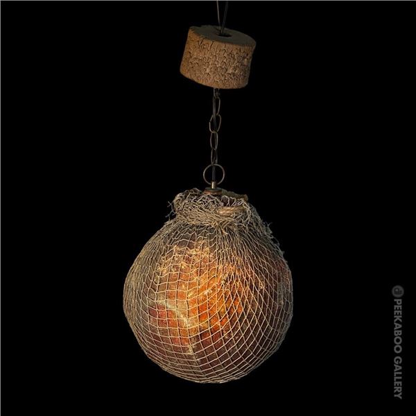 SALVAGED BAHOOKA FISH FLOAT SWAG LAMP w/ NETTING & CORK BOUY.