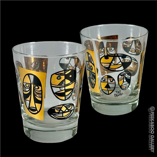 RARE SET OF TWO (2) BLACK & GOLD OLD FASHIONED "MASK GLASSES" BY TIKI DIABLO.