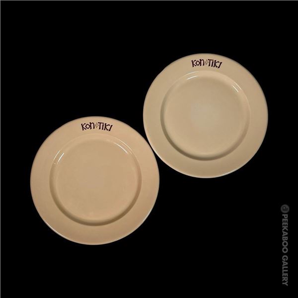 RARE EARLY PRE-EXPANSION SET OF 2 "KON TIKI" CHARGER DINNER PLATES.
