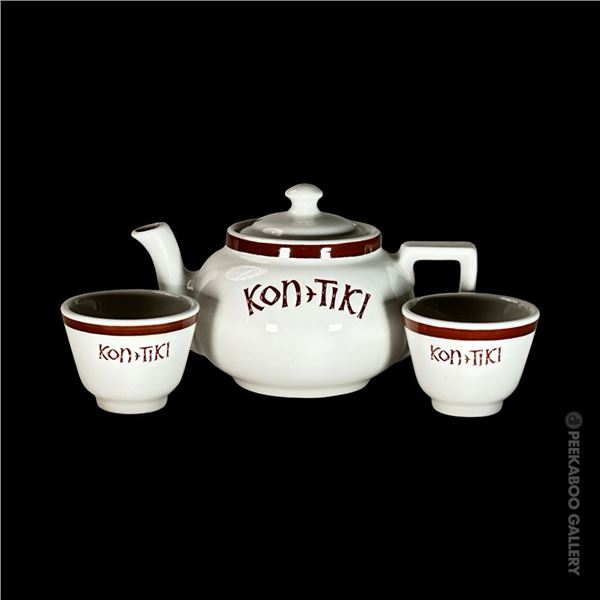 A TABLE-SIDE TEA SERVING SET OF KON TIKI TEA CUPS & TEA POT w/ LID.