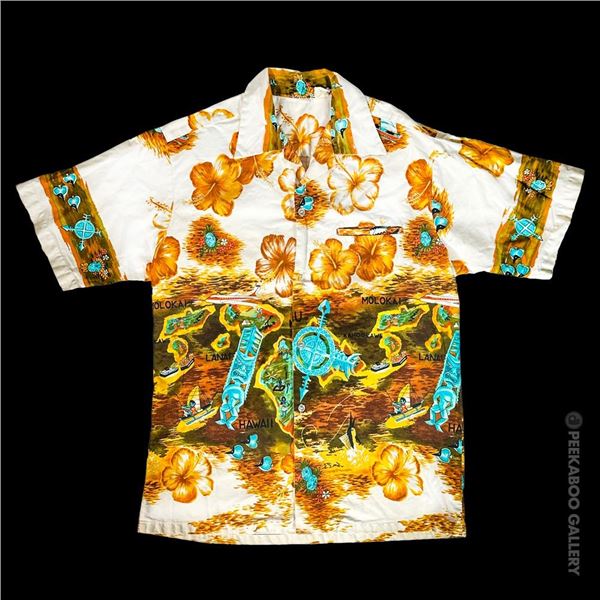 MOD 1960s HAWAIIAN NAUTICAL MOTIF TIKI SHIRT.