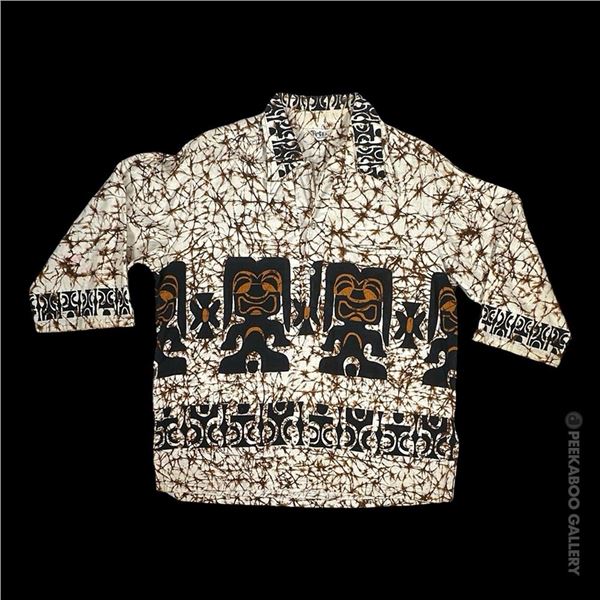 SVEN KIRSTEN KOLLECTION - MOD 1960s BROWN MARBLE TIKI PATTERN MEN'S LANAI SHIRT.