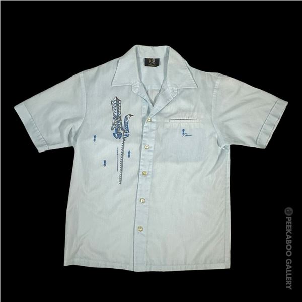 SVEN KIRSTEN KOLLECTION - MOD 1960s IO HAWAII BLUE TIKI MEN'S SHIRT.