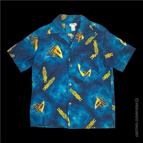 SVEN KIRSTEN KOLLECTION - MOD 1960s OUTRIGGER TIKI MOTIF MEN'S SHIRT.