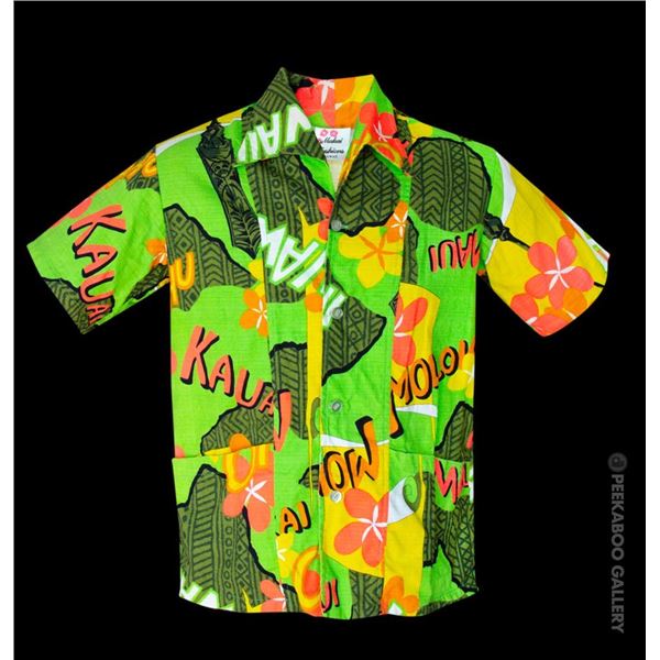 SVEN KIRSTEN KOLLECTION - MOD 1960s HAWAIIAN GREEN HAWAIIAN ISLANDS DESIGN MEN'S SHIRT.