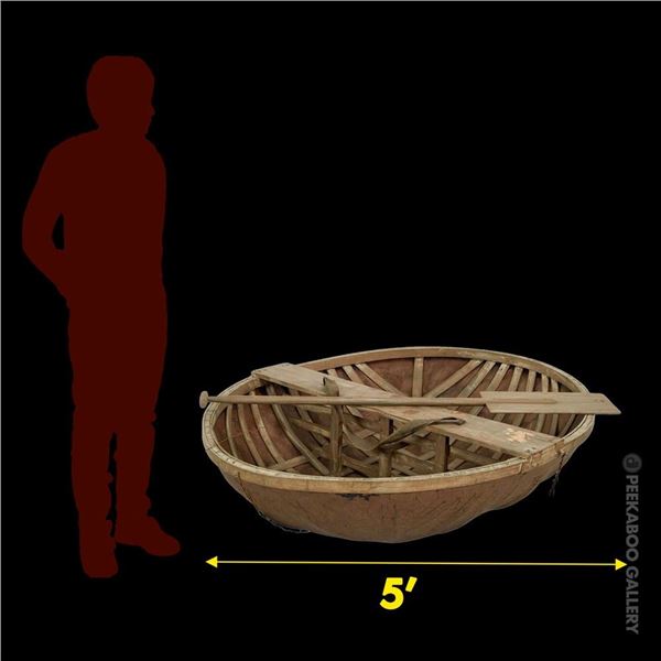INCREDIBLE VIETNAMESE ROUND RICE PADDY BASKET BOAT w/ OAR FROM TRADER VIC'S BEVERLY HILLS.