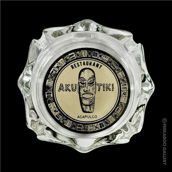 VINTAGE GLASS COMMERCIAL TIKI ASHTRAY - AKU TIKI RESTAURANT ACAPULCO, MEXICO.