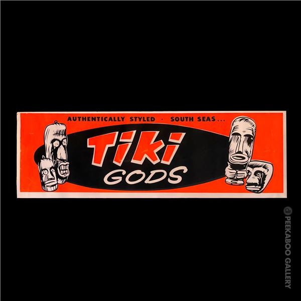 VINTAGE 1960s SILKSCREENED "TIKI GODS" NOVELTY CHARM SALES POSTER.