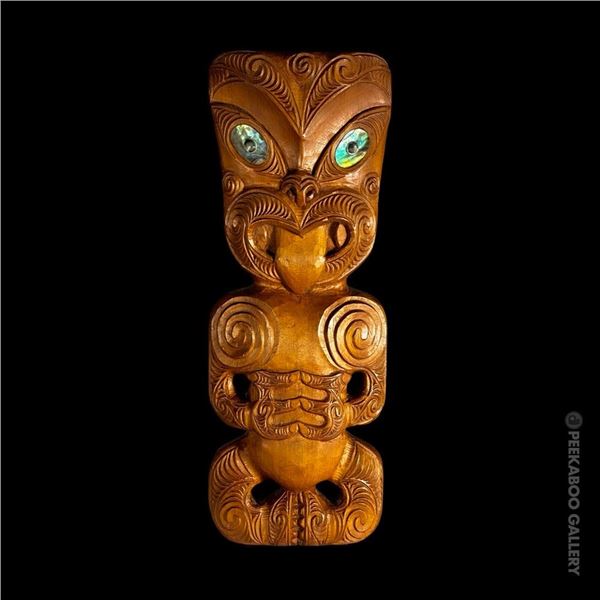 IMPRESSIVELY CARVED 1950s MAORI TIKI WALL HANGING w/ ABALONE EYES.