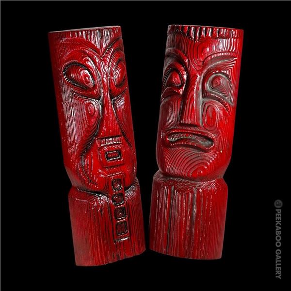 SET OF TWO (2) 1960s STYLIZED MALEKA TIKI WALL HANGING FIGURES.