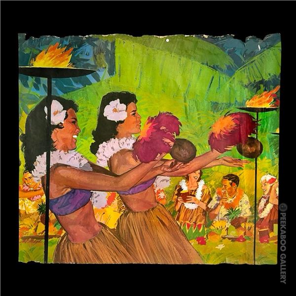DOLE PINEAPPLE IN-STORE PROMOTIONAL DISPLAY POSTER OF A JOYOUS LUAU SCENE.