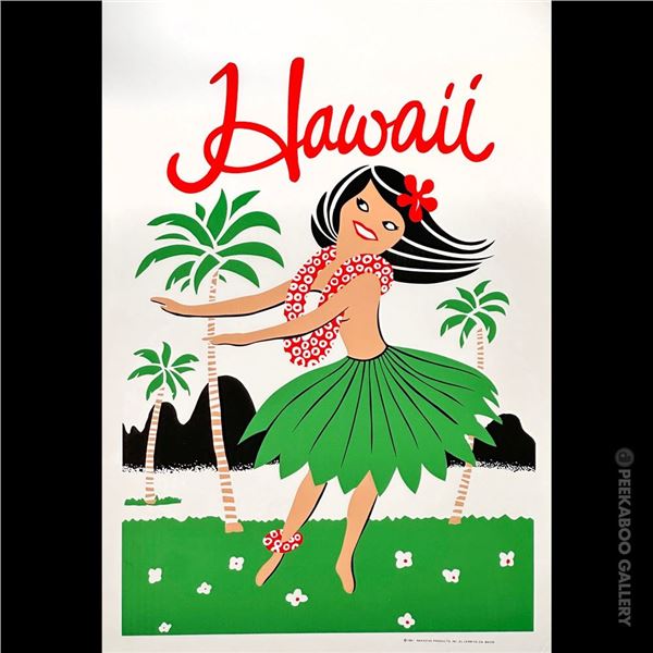 HAND SILK SCREENED OCEANIC ARTS HULA GIRL "HAWAII" POSTER.