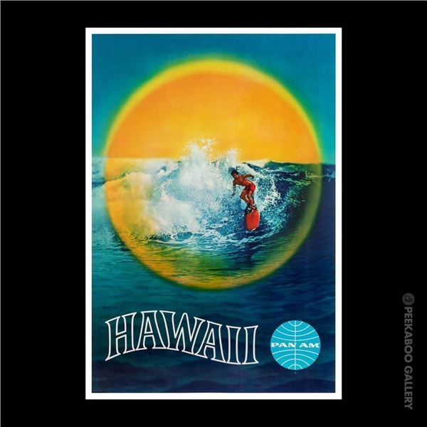 TOTALLY AWESOME 1960s PAN AM SURF HAWAII TRAVEL POSTER MOUNTED ON LINEN.
