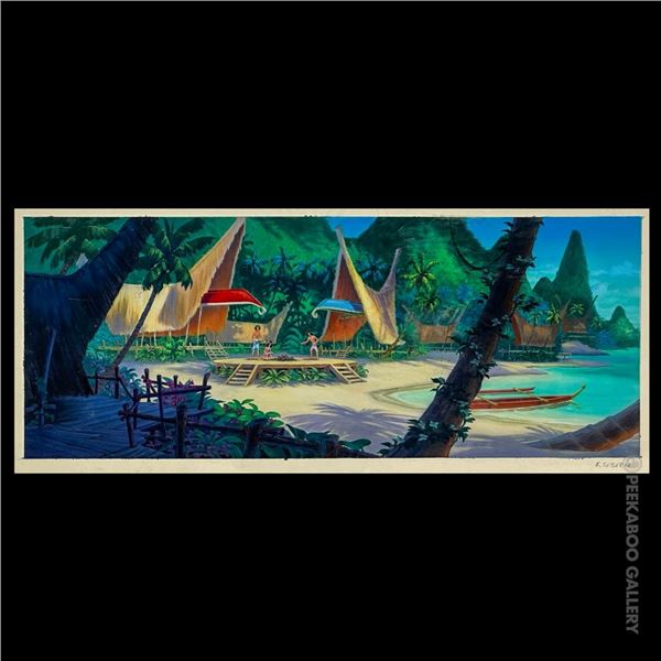 POLYNESIAN TIKI VILLAGE SCENE PRODUCTION DEVELOPMENT ART BY DISNEY ARTIST, BRIAN SEBERN.