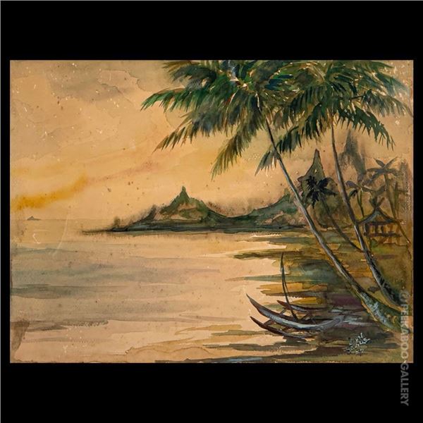 WATERCOLOR PAINTING OF OUTRIGGER CATAMARAN UNDER PALMS SIGNED JOHN SEVILLE.
