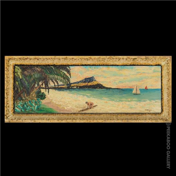 FANTASTIC HORIZONTAL DIAMONDHEAD SHORELINE SURFER SCENE PAINTING.