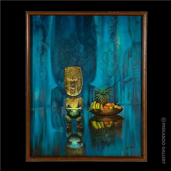 SEARS FRAME "PEARL OF WISDOM" PRINT OF TIKI WITH FRUIT BOWL BY AUGUST HOLLAND.
