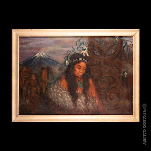 MAX'S SOUTH SEAS HIDEAWAY KOLLECTION - KRISTIN ZAMBUCKA TIKI OIL PAINTING "MAORI CEREMONY".
