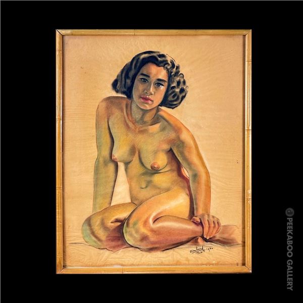 VINTAGE 1940 TAHITIAN NUDE PORTRAIT PASTEL ARTWORK.