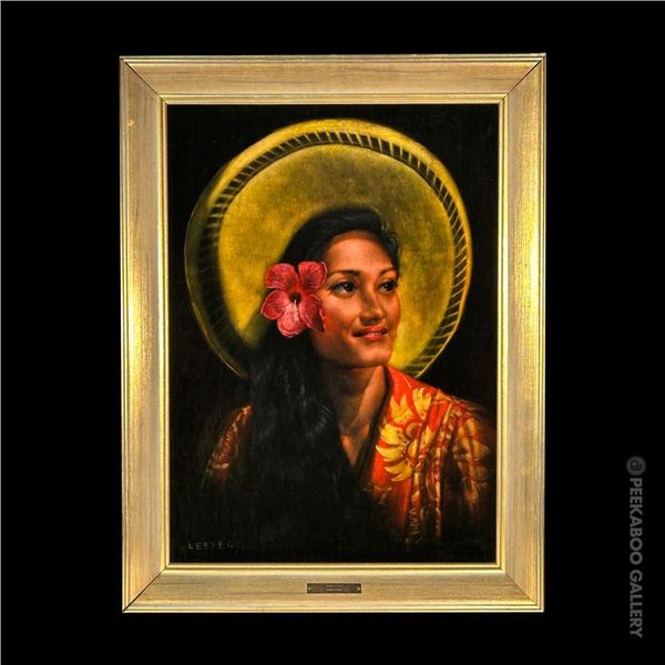 SUBLIME EDGAR LEETEG "TEMATAI" PAINTING ON BLACK VELVET - DAVIS GALLERY, HAWAII.