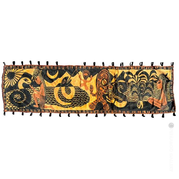 MODERNIST CLOTH SCREENED TAPESTRY STORYBOARD OF "HINA & THE EEL BY FRENCH ARTIST, GERARD GUYOT"