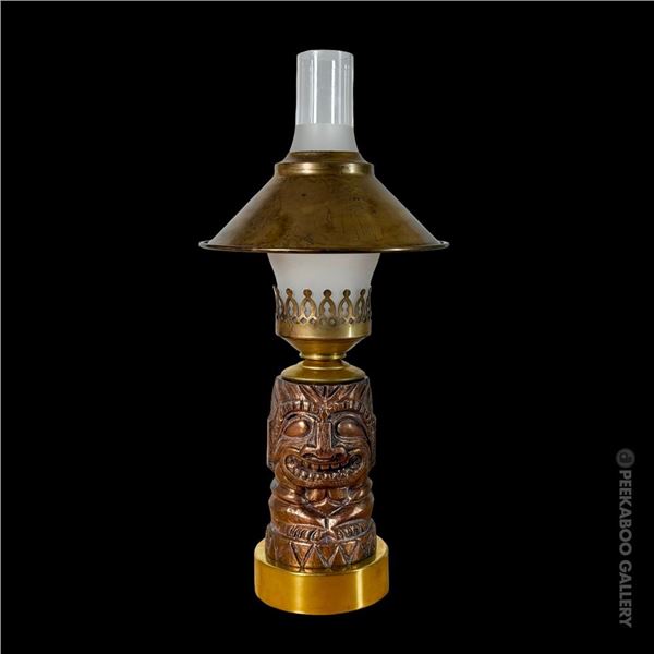 VINTAGE 1960s METAL "HAPPY TALK TIKI" TABLE LAMP w/ SHADE.