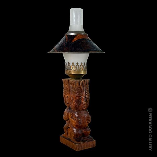 OCEANIC ARTS #1401 "THE MAORI"  TRADER VIC'S TABLE CANDLE LAMP w/ HURRICANE GLASS & SHADE.