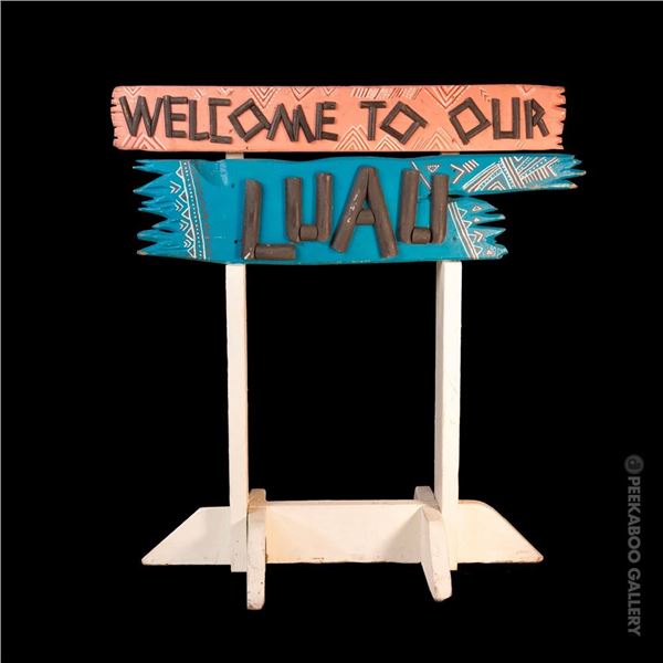 OCEANIC ARTS "WELCOME TO OUR LUAU" WAREHOUSE LUAU RENTAL DEPT FLOOR SIGN.
