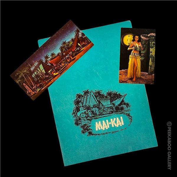 VINTAGE 1970s MAI-KAI "AQUA ERA" MENU w/ 2 POSTCARDS.
