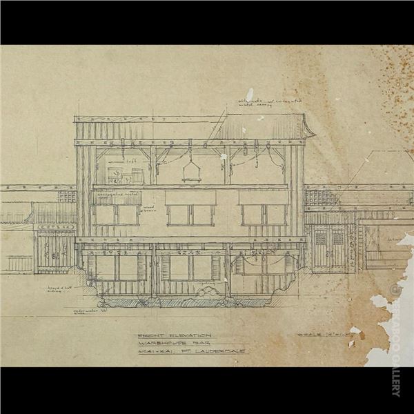 ORIGINAL MAI-KAI CHARLES McKIRAHAN "EXPANSION WAREHOUSE BAR ENTRANCE" ELEVATION CONCEPTUAL SKETCH.