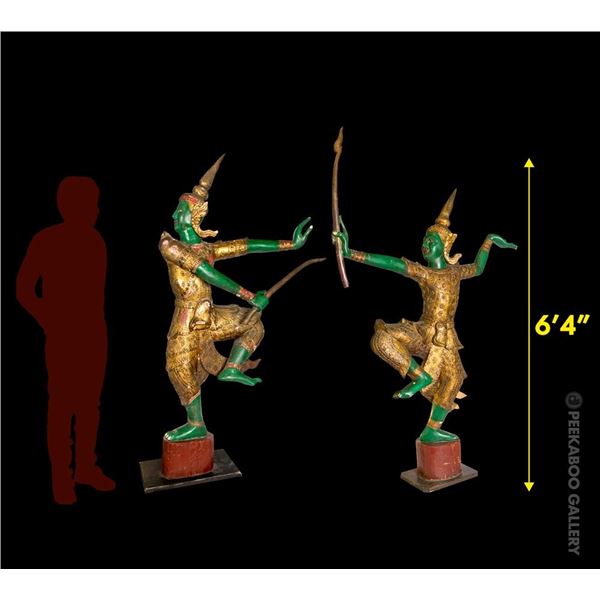 PAIR OF LIFE-SIZE SIAMESE PHRA RAMAYANA WARRIOR SCULPTURAL FIGURES