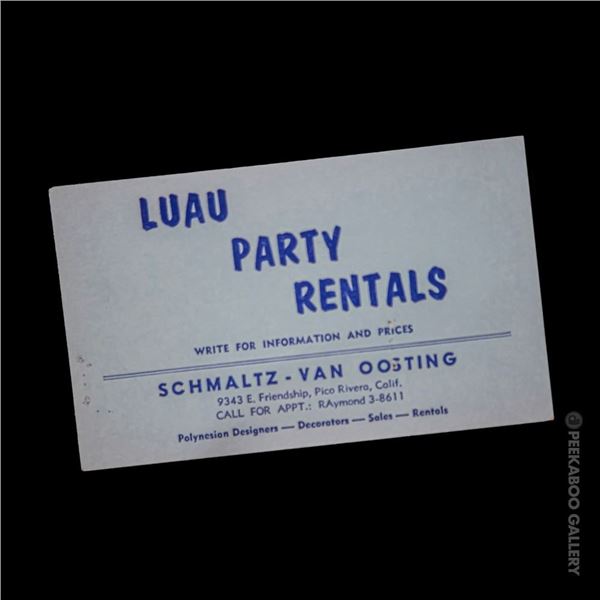 EARLY SCHMALTZ-VAN OOSTING PRE-OCEANIC ARTS LUAU PARTY RENTALS BUSINESS CARD.
