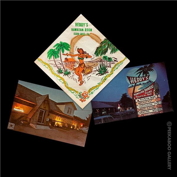SET OF 2 POSTCARDS & A COCKTAIL NAPKIN FROM HEDDY'S HAWAIIAN ROOM ECHO LAKE, PA.
