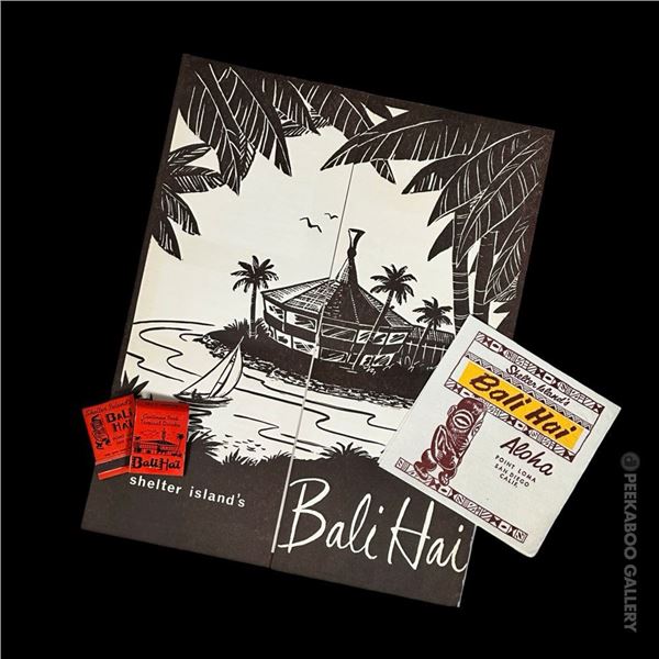 SHELTER ISLAND'S BALI HAI FULL DINNER MENU, COCKTAIL NAPKIN, & 2 MATCHBOOKS.