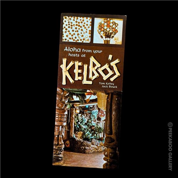 RARE "KELBOS" BBQ TRI-FOLD COLOR BROCHURE - ANDRES BUMATAY TIKI.