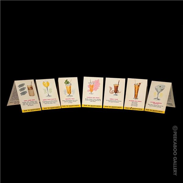 CIRCA 1941 SET OF SEVEN (7) DON THE BEACHCOMBER - HOLLYWOOD/CHICAGO TABLE TENT COCKTAIL CARDS.