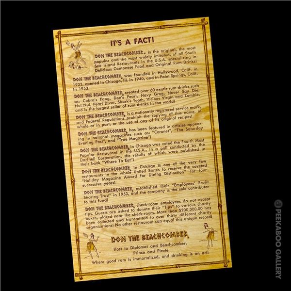 1950s DON THE BEACHCOMBER - FACT SHEET LARGE FORMAT POSTCARD.