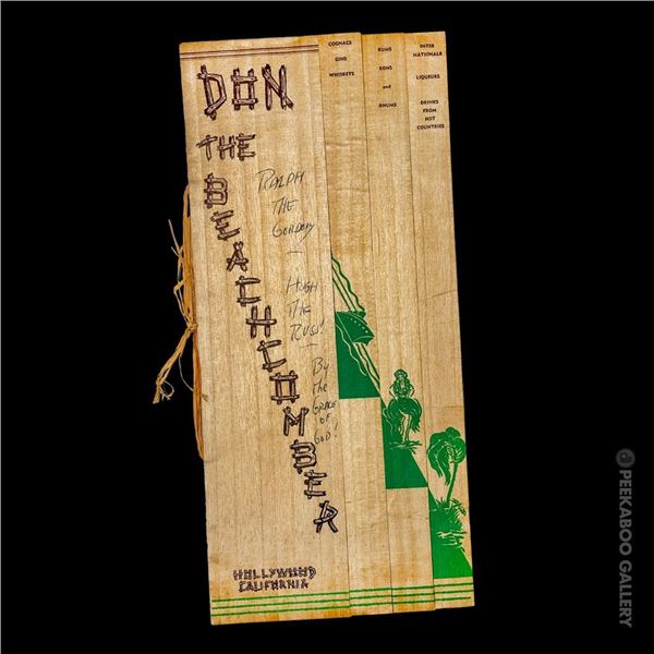 1940s DON THE BEACHCOMBER - HOLLYWOOD BALSA WOOD MENU PERSONALLY SIGNED BY DONN BEACH.