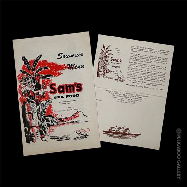 RARE 1950s SAM'S SEAFOOD MAILER MENU and PROMOTIONAL COCKTAIL POSTCARD.