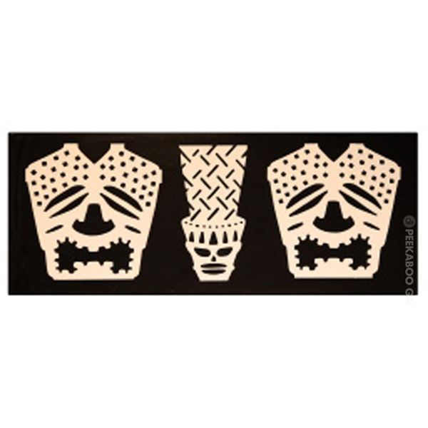 MOUNTED PANEL OF THREE (3) SALVAGED GUEST ROOM BREEZEWAY TIKI MASKS from the FAMOUS "WAIKIKIAN" HOTE