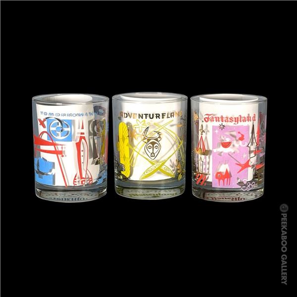 SET OF THREE (3) DISNEYLAND ROCKS GLASSES BY KEVIN KIDNEY & JODY DAILY.