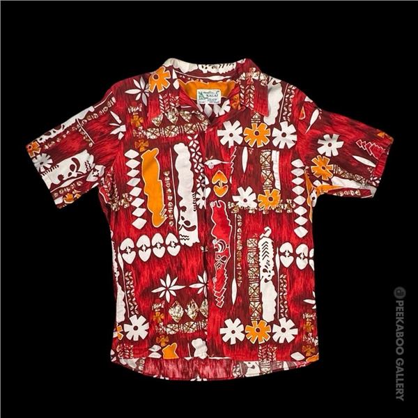SVEN KIRSTEN KOLLECTION - MOD 1960s RED & ORANGE TIKI DESIGN MEN'S SHIRT.